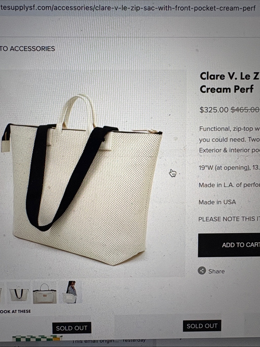 Clare V. Le Zip Sac with Front Pocket (Cream Perf)